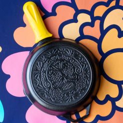 Alternative view of Seasoned Cast Iron Sugar Skull Skillet with Deluxe Handle Holder